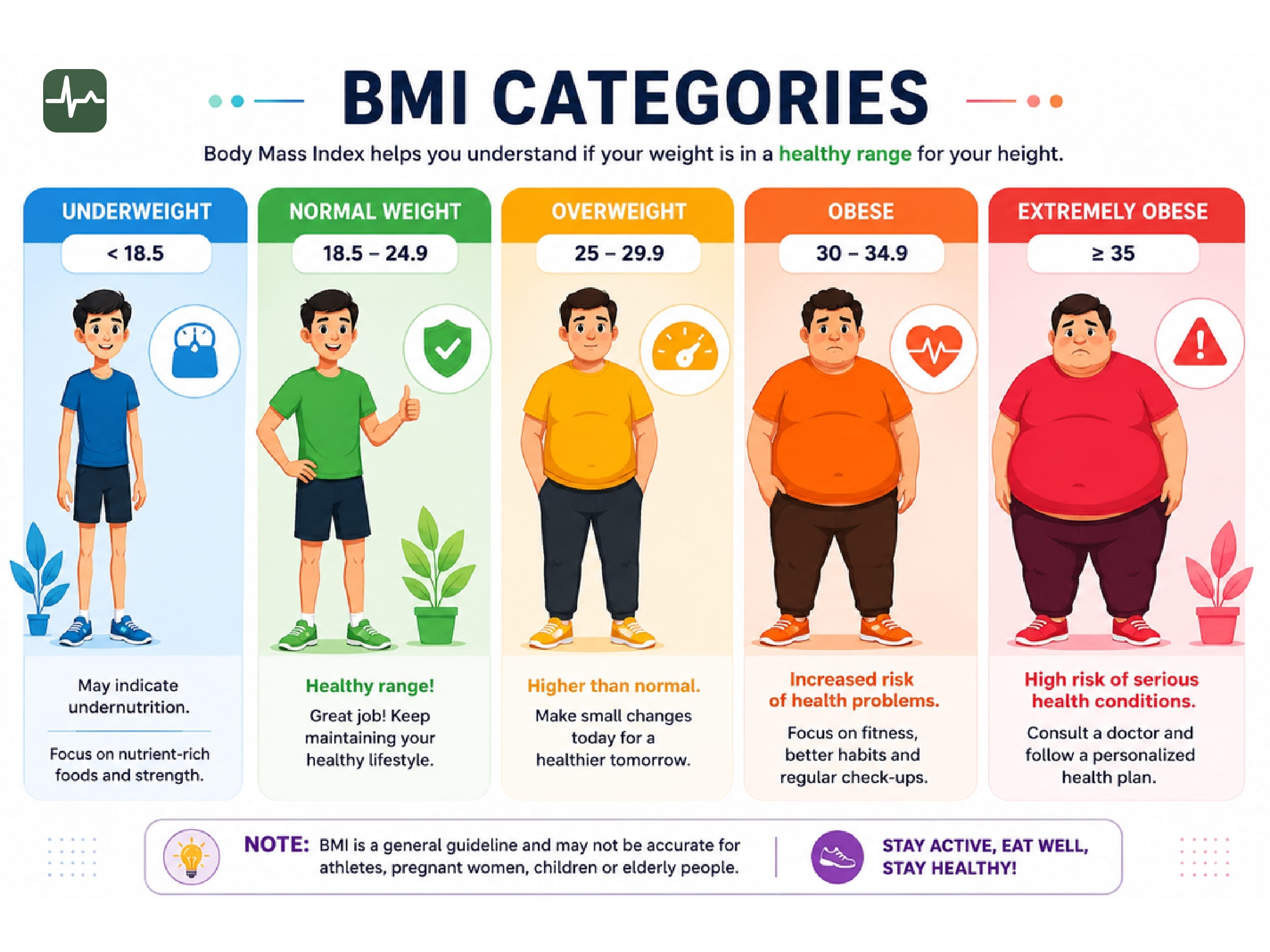 BMI categories chart: underweight below 18.5, normal 18.5 to 24.9, overweight 25 to 29.9, obesity class I 30 to 34.9, class II 35 to 39.9, severe obesity 40 and above