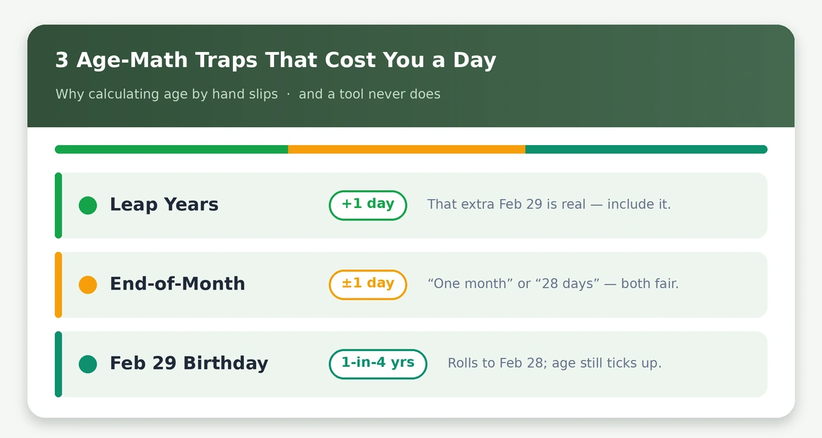 Three common chronological age calculation traps — leap years adding a February 29, end-of-month borrowing, and leap-day birthdays that roll to February 28.
