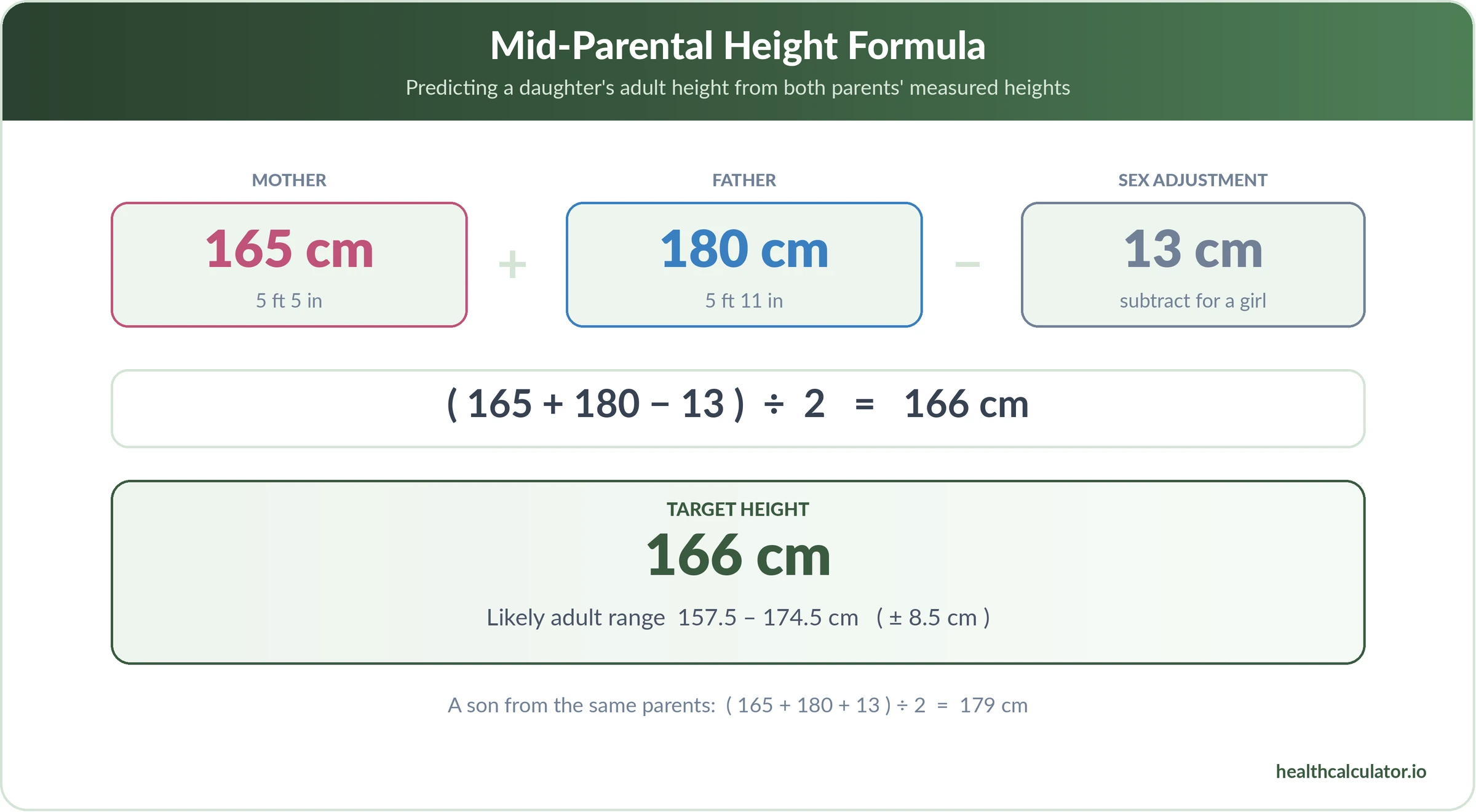 Mid-parental height formula for a girl: mother 165 cm plus father 180 cm minus 13 cm divided by 2 equals a 166 cm target height