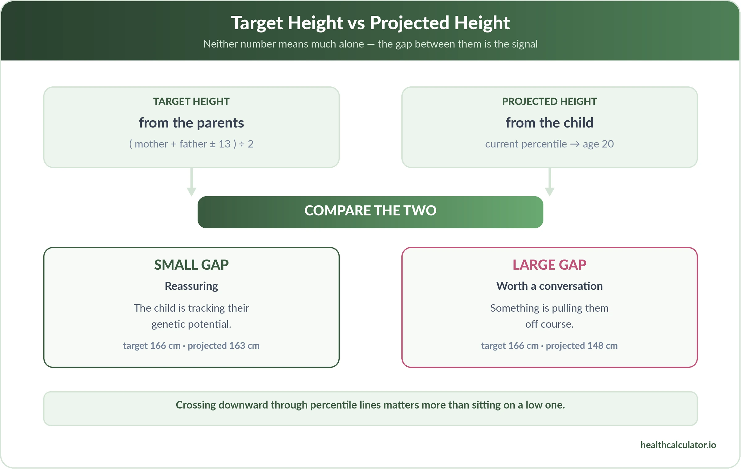 Target height versus projected height diagram: a small gap is reassuring, a large gap warrants a pediatrician's evaluation