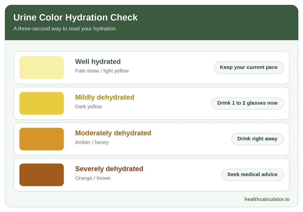 Urine color hydration chart: pale straw means well hydrated, amber and brown mean drink water.