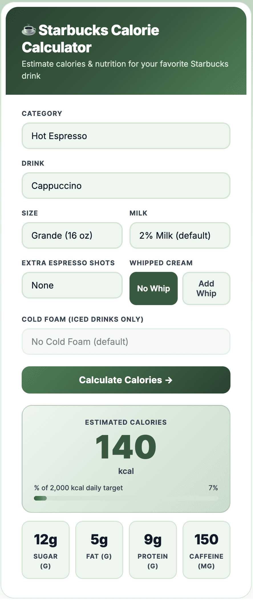 Screenshot of the healthcalculator.io Starbucks calorie calculator showing a Grande Cappuccino at 140 calories
