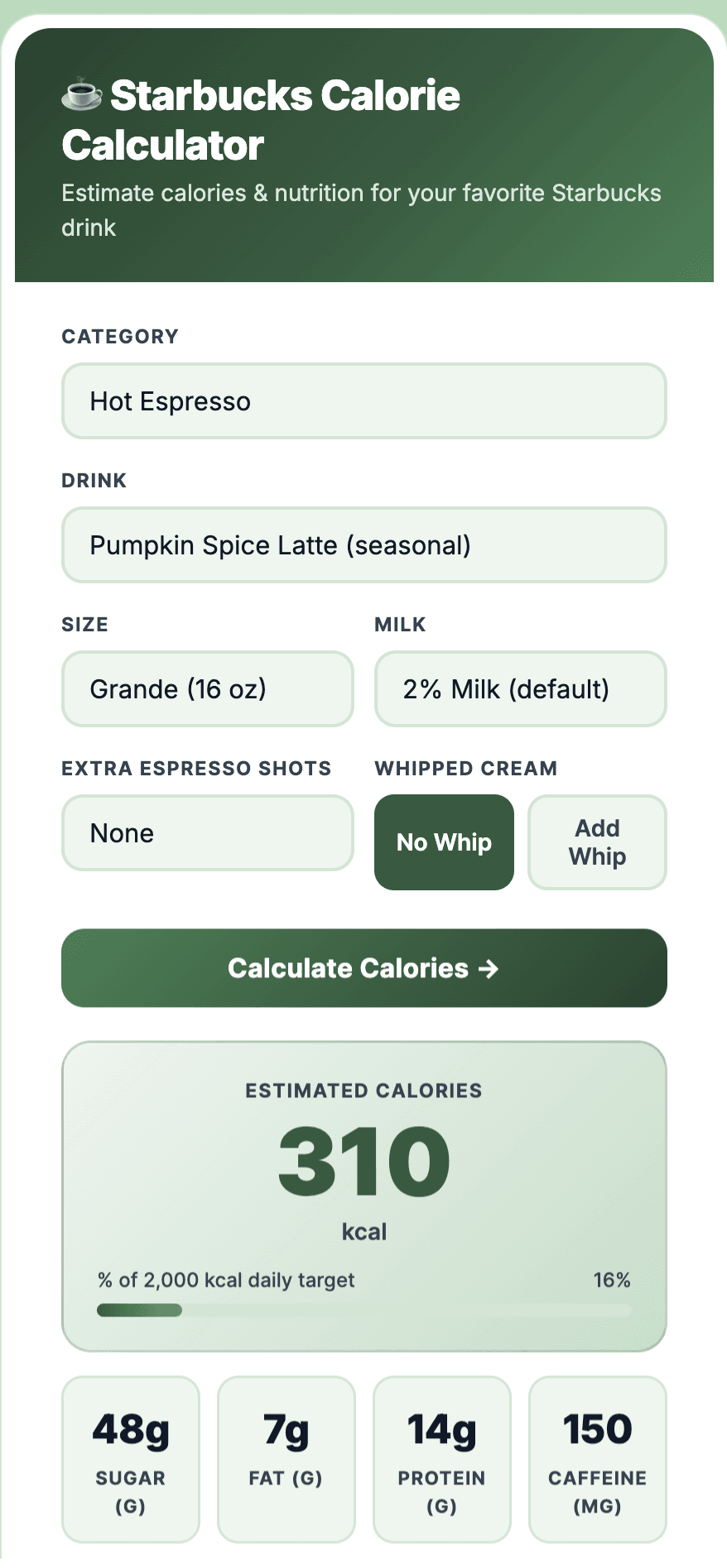 Screenshot of the healthcalculator.io Starbucks calorie calculator showing a Grande Pumpkin Spice Latte at 310 calories