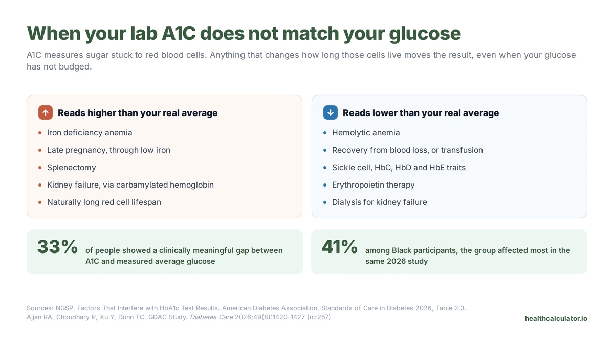 Two-column graphic listing conditions that make A1C read higher or lower than true average glucose, with discordance figures from the 2026 GDAC study