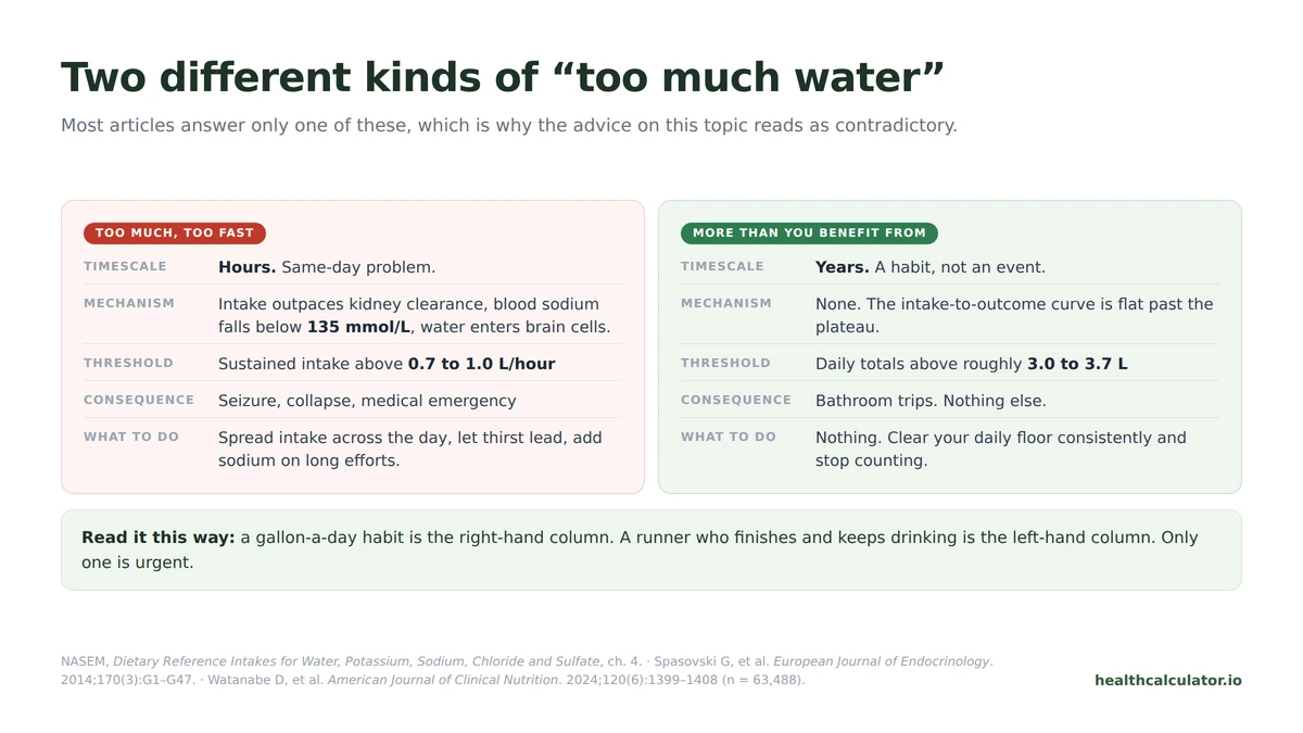 Comparison of acute water intoxication over hours versus the flat long-term water intake curve measured over years