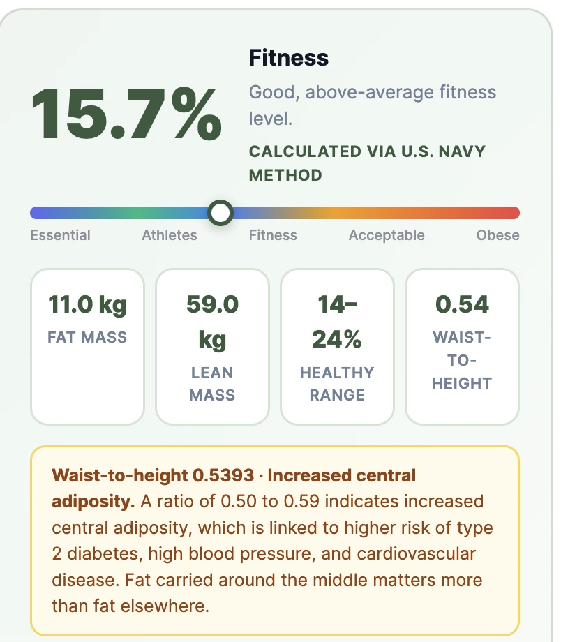 healthcalculator.io body fat calculator showing 15.7 percent with waist-to-height ratio and healthy range