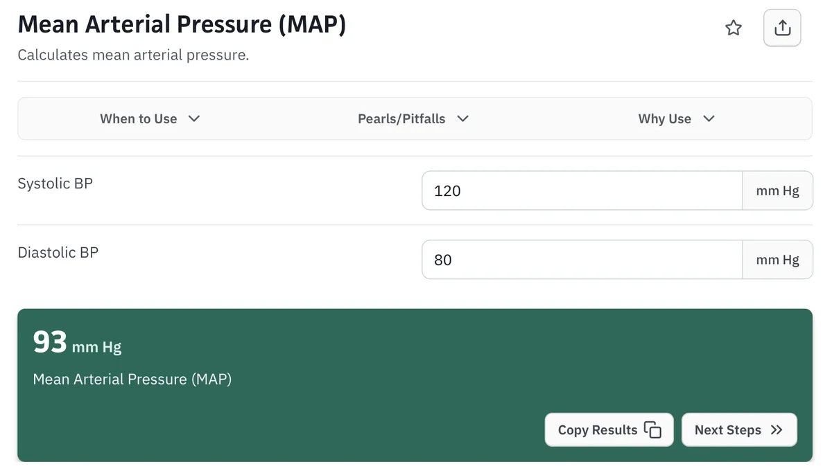 MDCalc MAP calculator showing 93 mm Hg for a 120 over 80 blood pressure reading