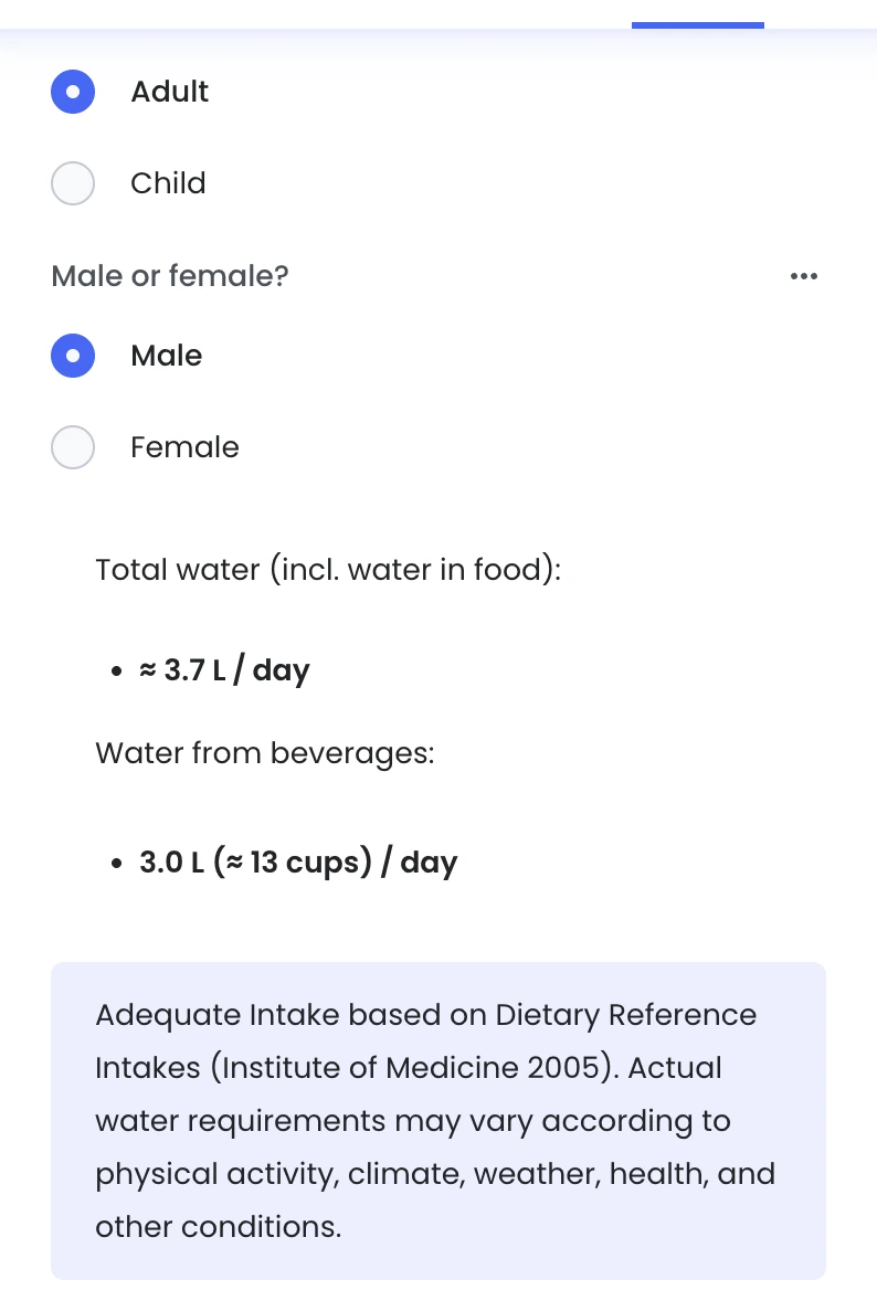 Omni Calculator water intake result showing 3.7 liters total water and 3.0 liters from beverages for an adult male