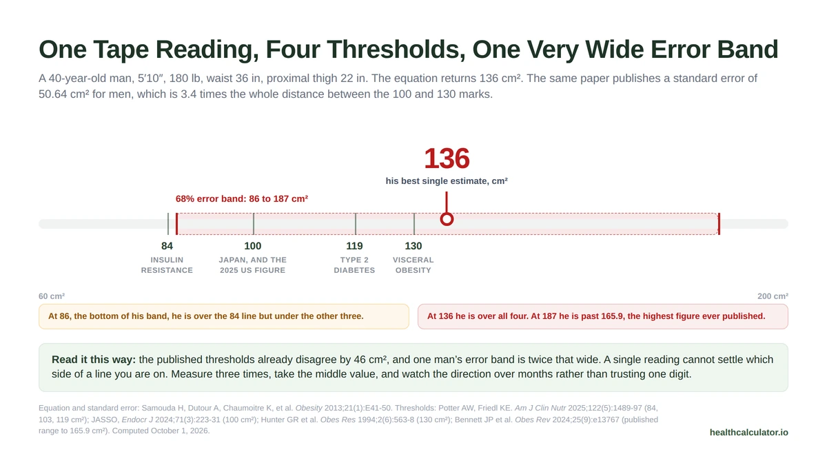 Visceral fat calculator result of 136 cm² against four published thresholds, its 86 to 187 error band crossing three of them